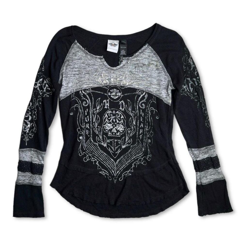 Y2K Harley Davidson Skull Pure Heart Black‎ & Grey Long Sleeve Top | Size Medium